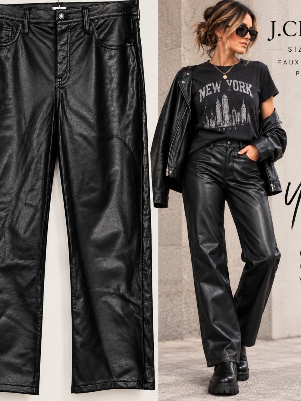 J.Crew Black Faux Leather Straight Leg Pants Size 32 Y2K Edgy Moto